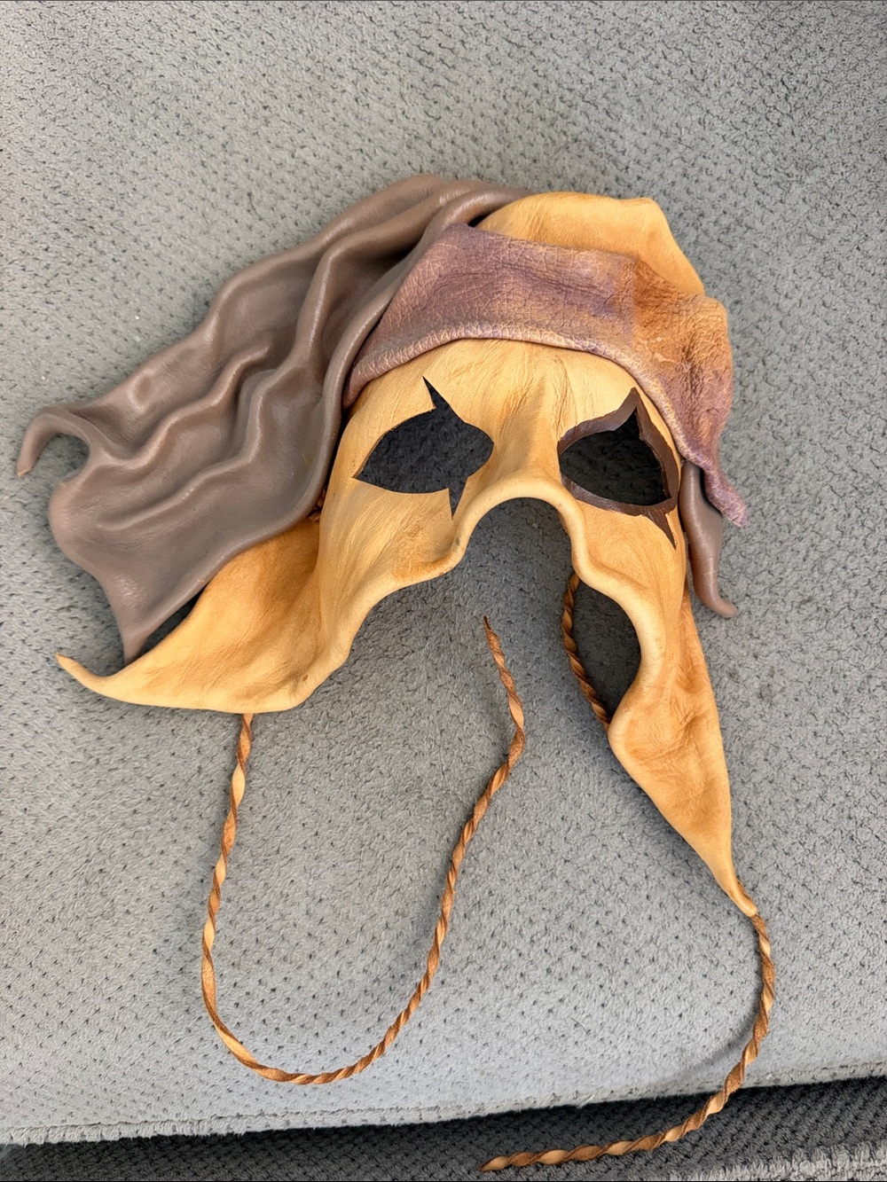 Handmade Leather Mask/wall art with Draped Hood in Tan and Brown
